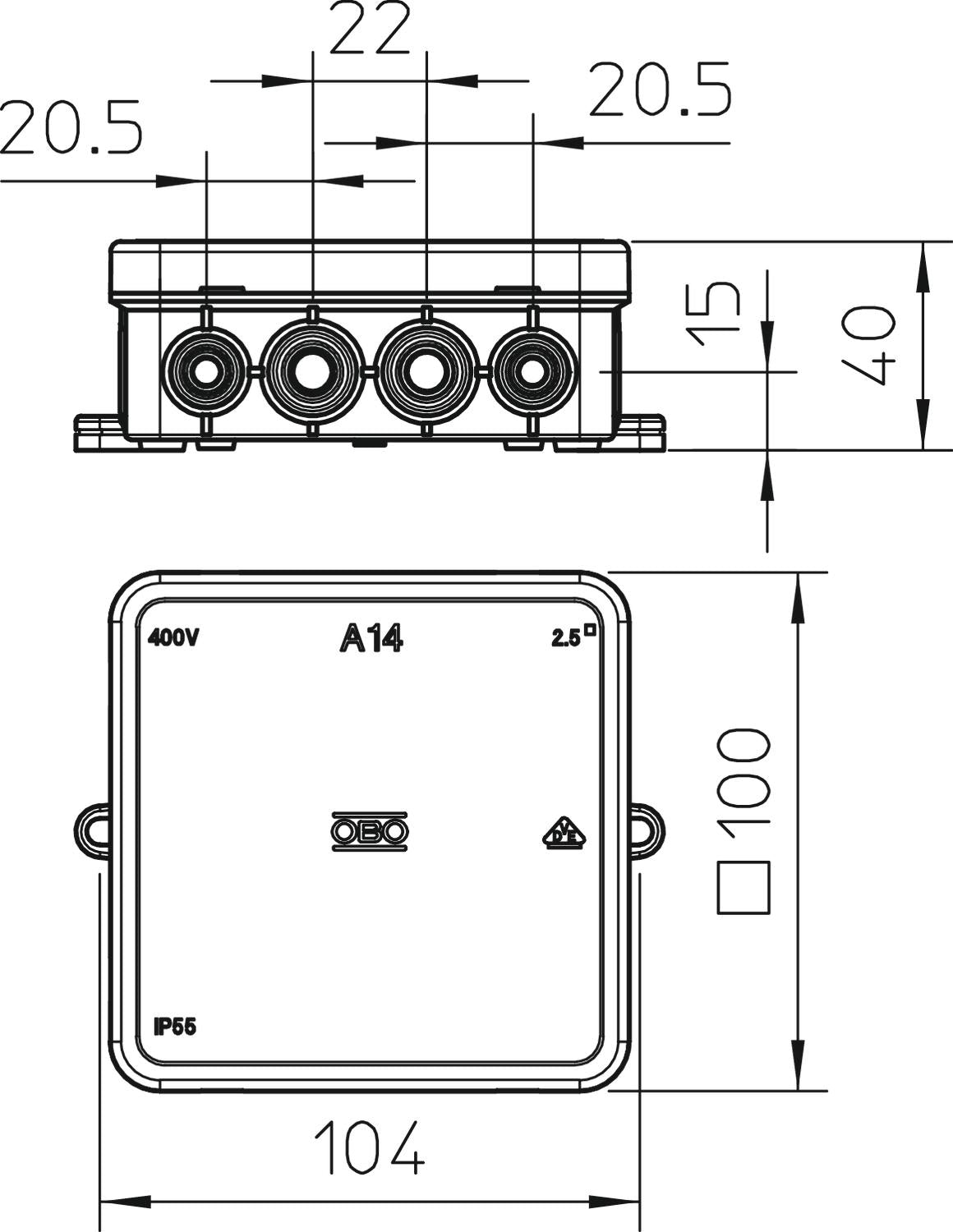 BETTERMANN Abzweigdose IP55 2,5qmm Kst A 14 HF RW 100x100x40mm quadrat hfr