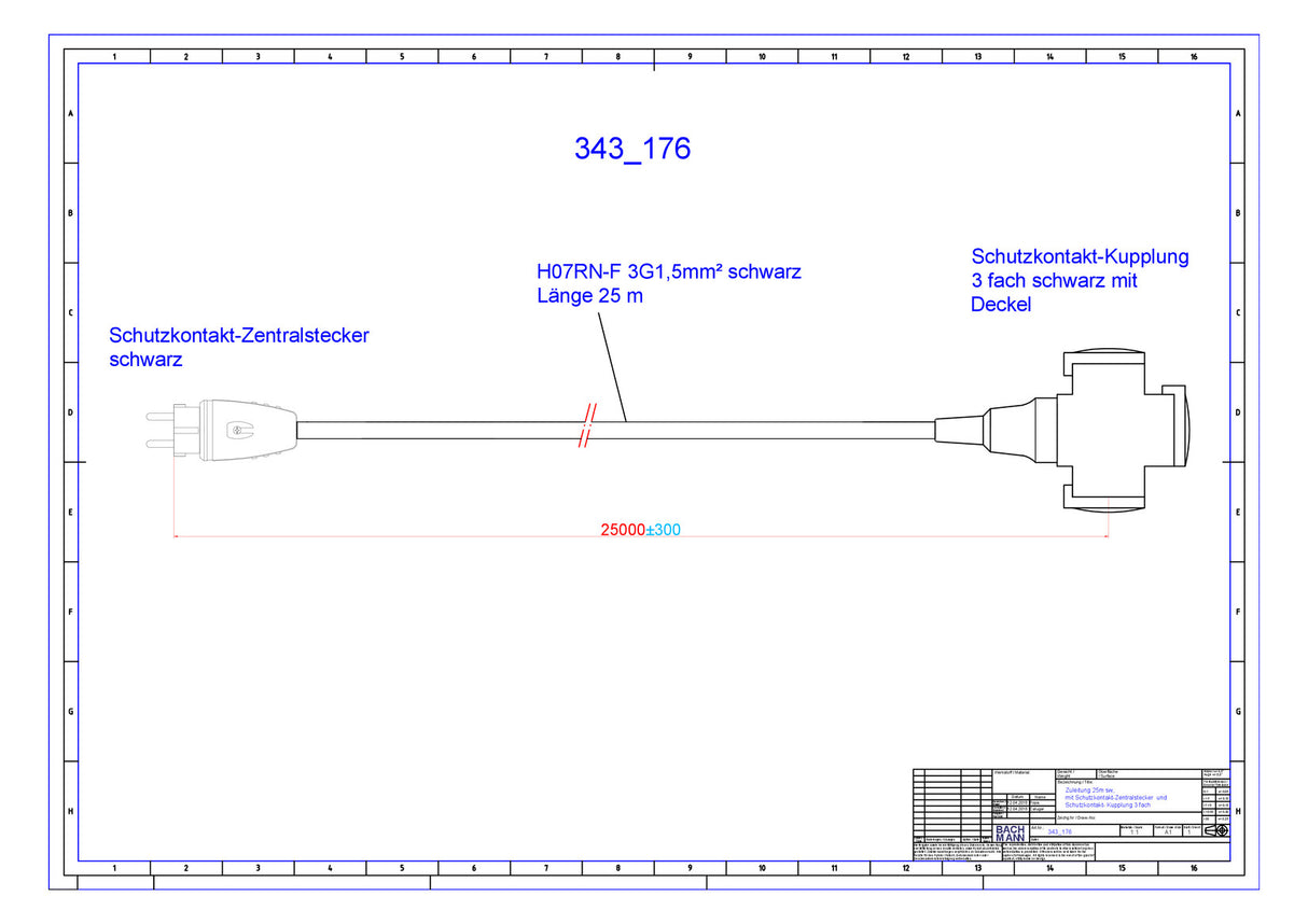 BACHMANN Netzanschlussleitung 25m 16A sw 343.176 3x1,5qmm IP44 Schutzk-Kuppl