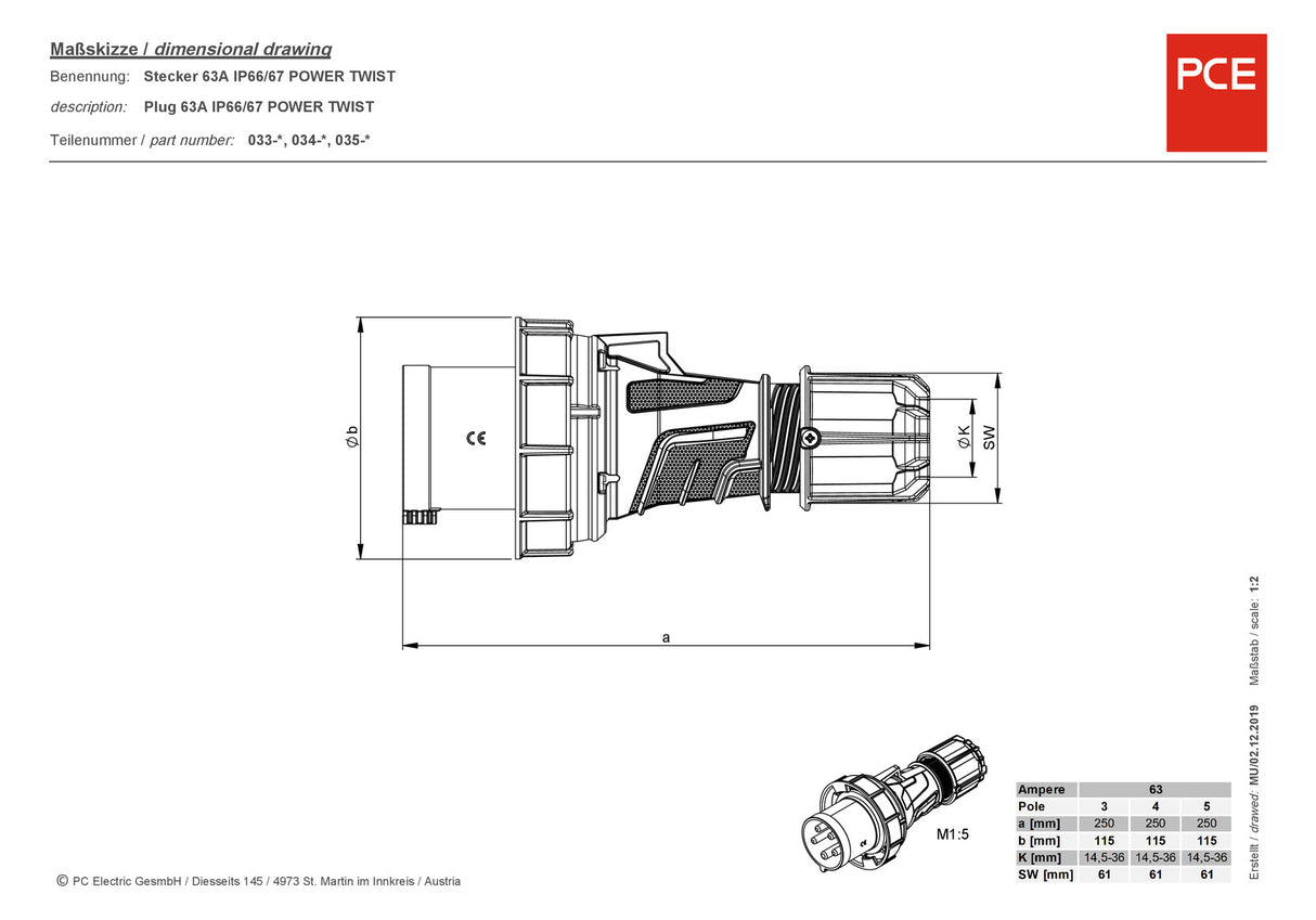 PC ELECTRIC CEE-Stecker 5p 63A IP67 400V/rt 6h Schraubkl Kst 035-6