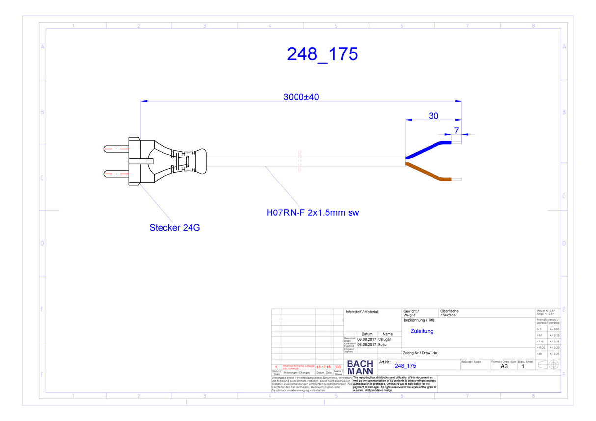 BACHMANN Netzanschlussleitung 3m 10A sw 248.175 2x1,5qmm IP20 Aderendh 0-70°C
