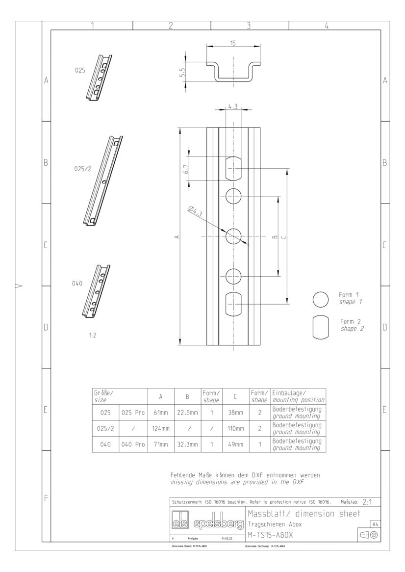 SPELSBERG Tragschiene ST vz TS15 L124mm Abox 025/2 TS15
