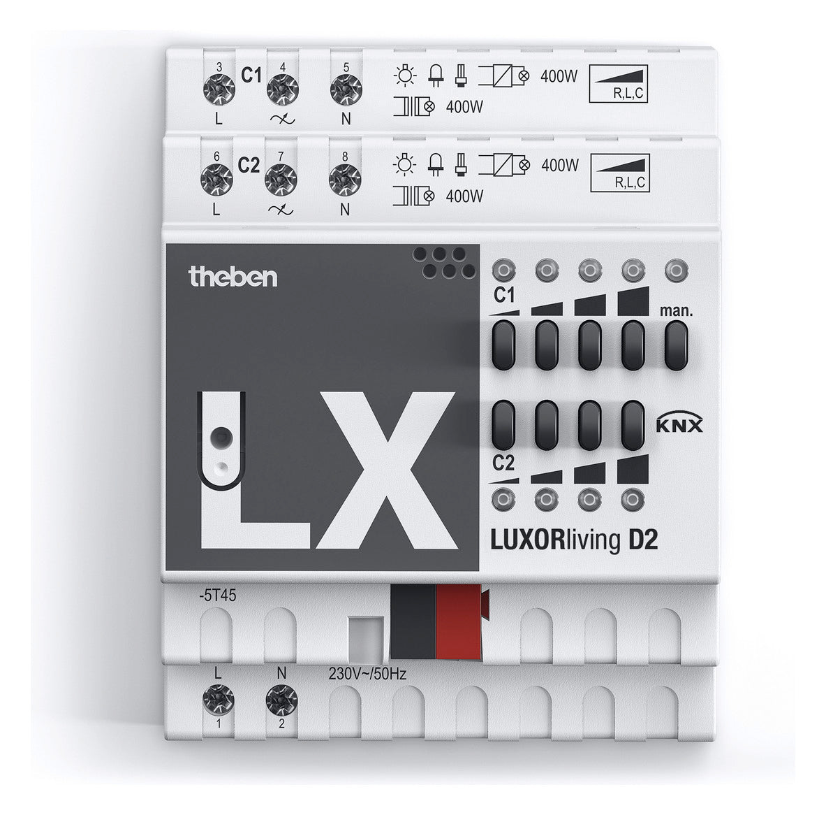 THEBEN Dimmaktor KNX 10-800W REG 4TE uni LUXORliving D2 Handbedien 2Ausg