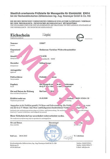 NZR Dokumentation Eichschein für elektronische Stromz