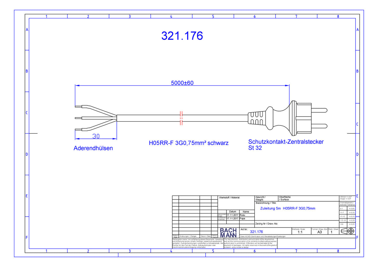BACHMANN Netzanschlussleitung 5m 16A sw 321.176 3x0,75qmm IP20 Aderendh 0-70°C