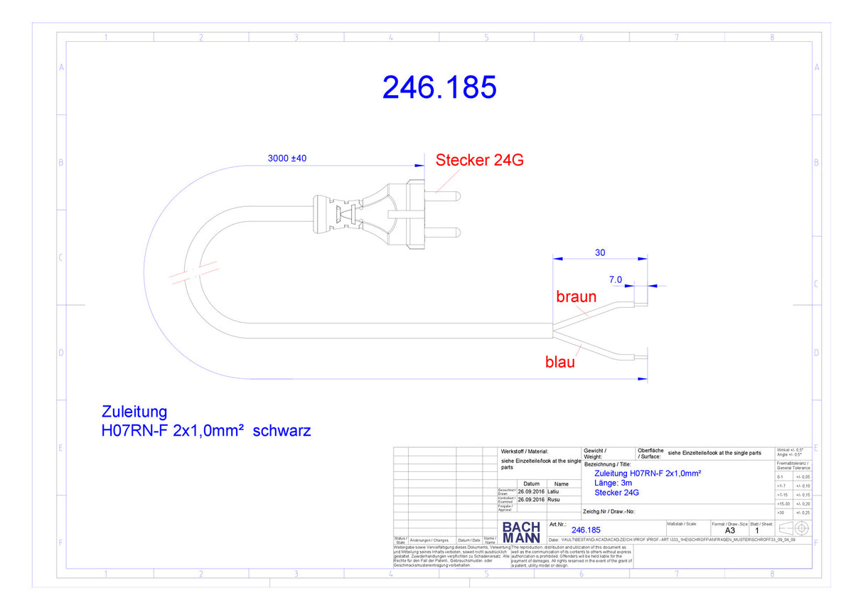 BACHMANN Netzanschlussleitung 3m 2x1qmm 246.185 10A sw IP20 Profilstecker Gummi