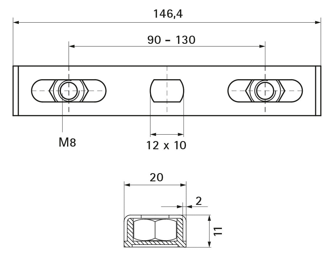 WALRAVEN Duplo Montageplatte ev/PP weiß 146,4x20x11,0 - 2x M8 Abst.: 90-130 mm