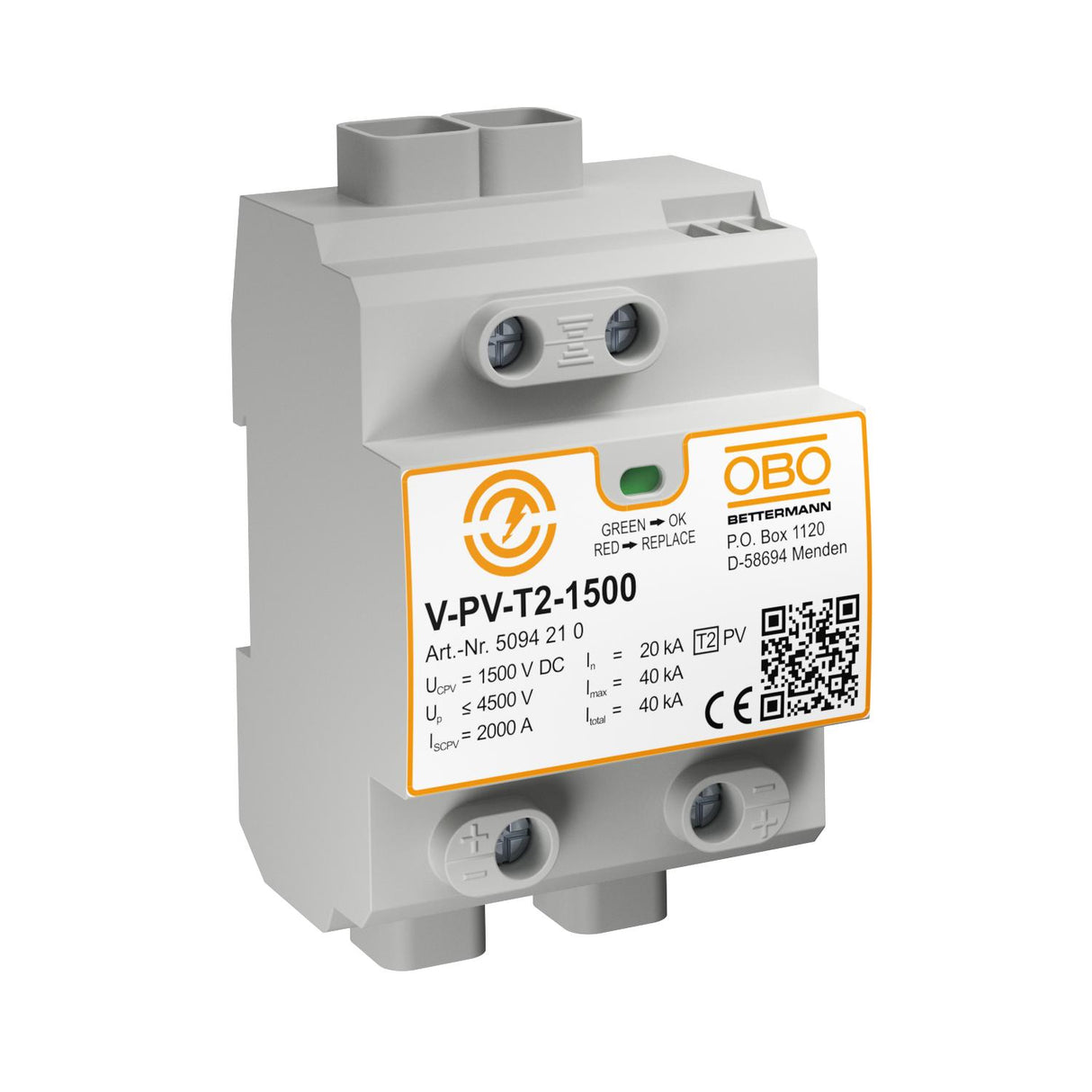BETTERMANN Überspannungsableiter 1500VDC V-PV-T2-1500 DCNetzform- 3,3kV 4TE TS35