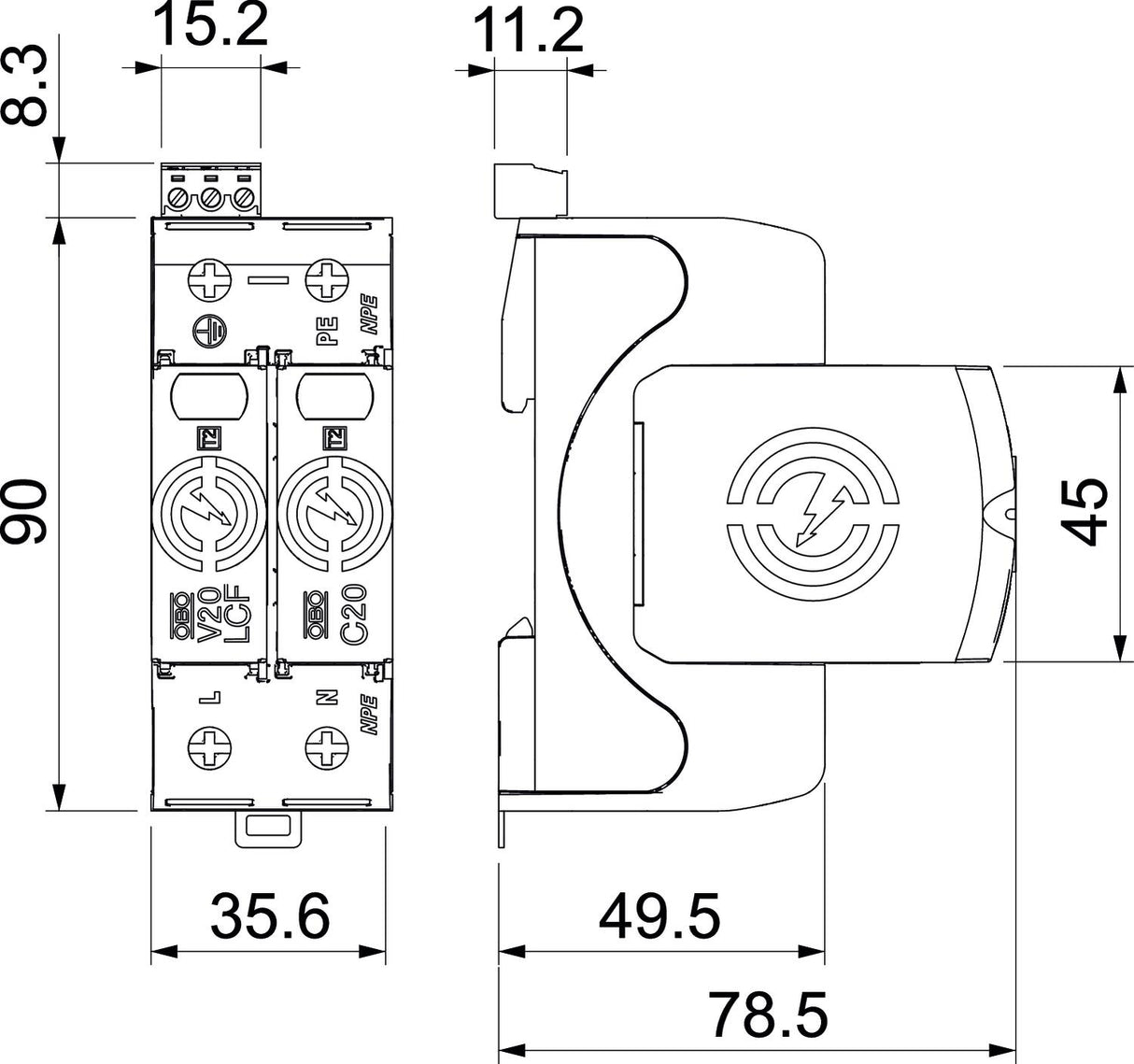 BETTERMANN Überspannungsableiter 230VAC V20-LCF-1+1+FS-2 Netzform-/TN-C/TN-C-S/T