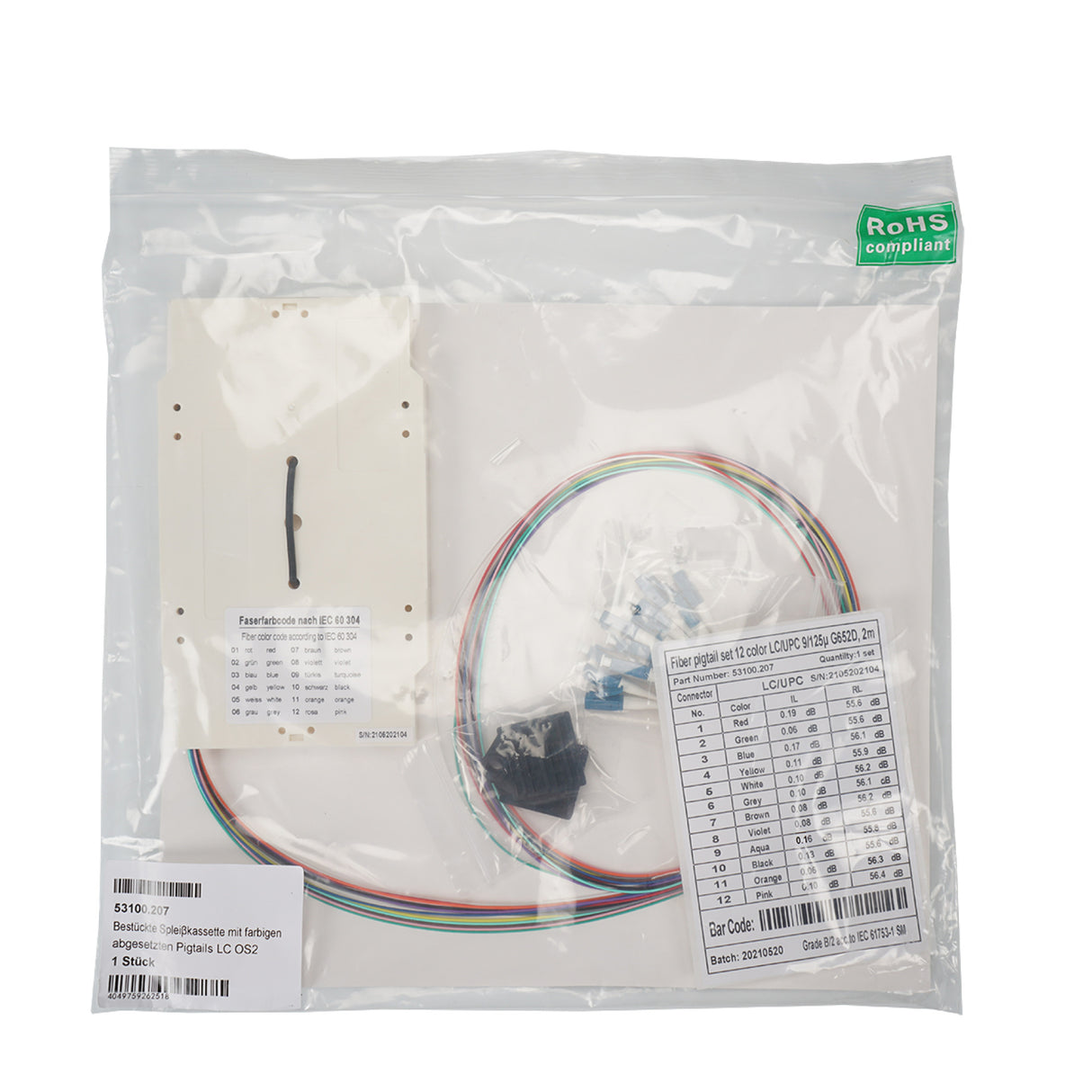 Bestückte Spleißkassette mit farbigen abgesetzten Pigtails LC OS2 - 53100.207