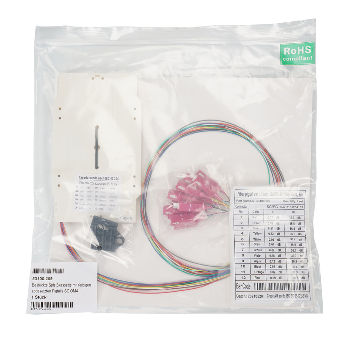 Bestückte Spleißkassette mit farbigen abgesetzten Pigtails SC OM4 - 53100.209