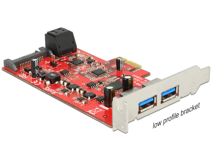 Delock PCI Express x1 Karte > 2 x extern USB 3.0 + 2 x intern SATA 6 Gb/s – Low Profile Form Faktor