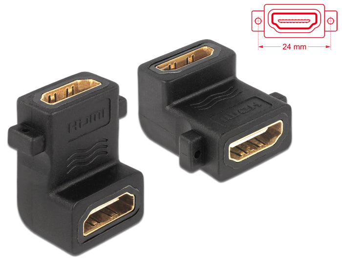 Delock Adapter HDMI A Buchse > Buchse mit Schraubanschluss 90° gewinkelt
