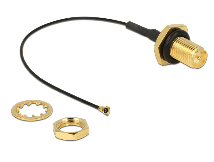 Delock Antennenkabel RP-SMA Buchse zum Einbau zu I-PEX Inc., MHF® 4 Stecker 0.81 10 cm Gewindelänge 9 mm spritzwassergeschützt