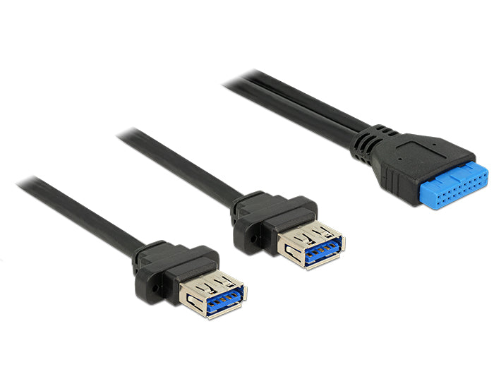 Delock Kabel USB 3.0 Pfostenbuchse 2,00 mm 19 Pin > 2 x USB 3.0 Typ-A Buchse zum Einbau 80 cm