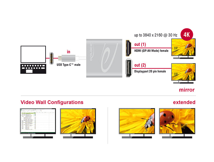 Delock USB Type-C™ Splitter (DP Alt Mode) > 1 x HDMI + 1 x DisplayPort out 4K 30 Hz