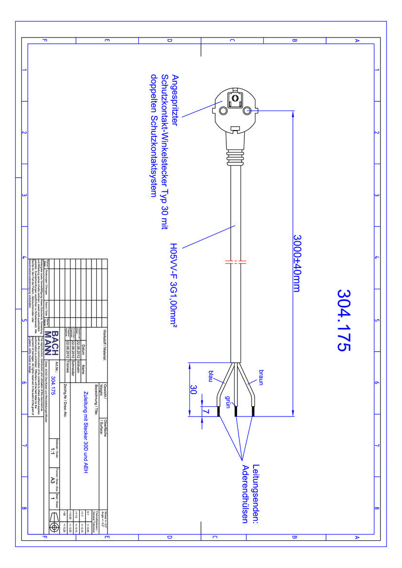 BACHMANN Netzanschlussleitung 3m 3x1qmm 304.175 16A sw IP20 Aderendh 0-70°C PVC