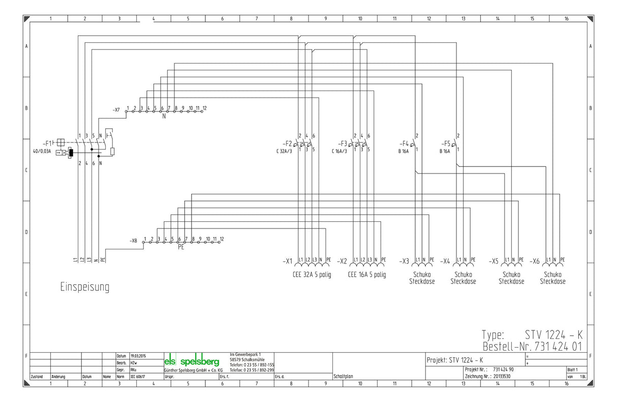 SPELSBERG CEE-Kombi Kst gr IP44 4Steckd STV 1224-K 1x16A5p400V 1x32A5p400V