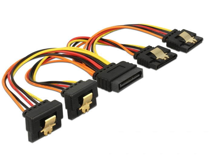 Delock Kabel SATA 15 Pin Strom Stecker mit Einrastfunktion > SATA 15 Pin Strom Buchse 2 x gerade / 2 x unten 15 cm