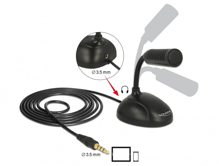 Delock Kondensator Mikrofon Omnidirektional für Smartphone / Tablet mit Schwanenhals 3,5 mm 4 Pin Klinkenstecker + 3,5 mm Klinkenbuchse