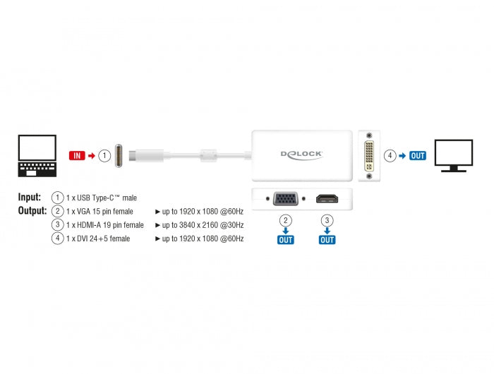 Delock Adapter USB Type-C™ Stecker > VGA / HDMI / DVI Buchse weiß