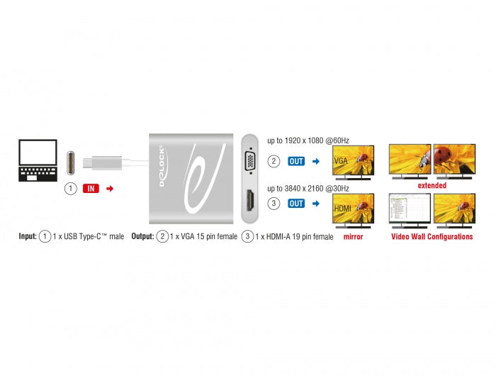 Delock USB Type-C™ Splitter (DP Alt Mode) > 1 x HDMI + 1 x VGA out