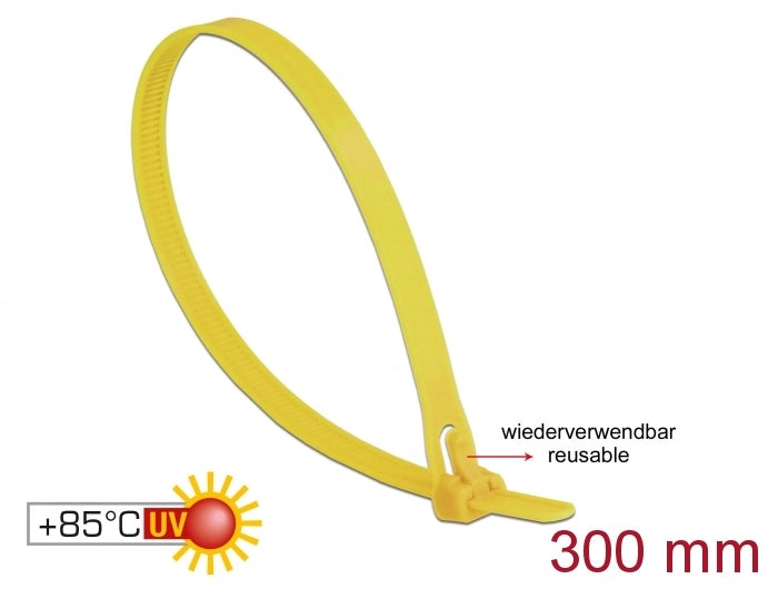 Delock Kabelbinder wiederverwendbar hitzebeständig L 300 x B 7,6 mm 100 Stück gelb