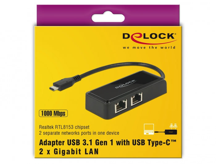 Delock USB Type-C™ Netzwerk Adapter Gigabit LAN 2 x RJ45