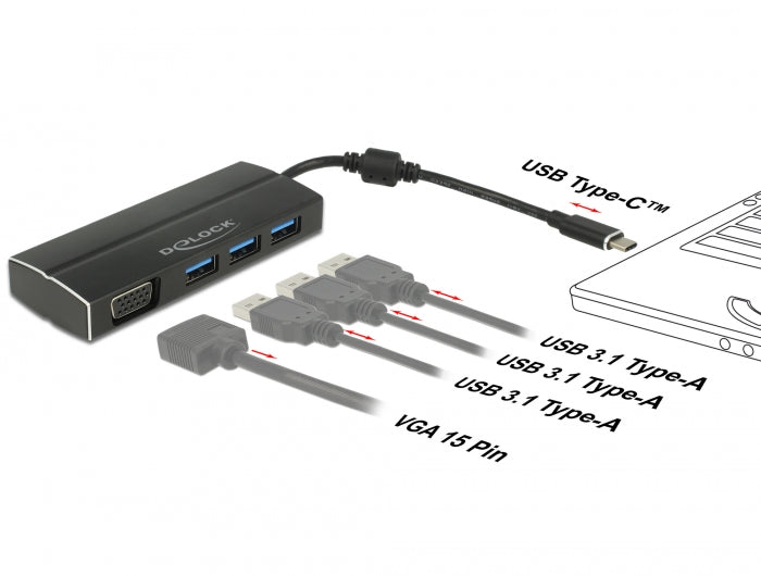 Delock USB 3.1 Gen 1 Adapter USB Type-C™ zu 3 x USB 3.0 Typ-A Hub + 1 x VGA (DP Alt Mode)