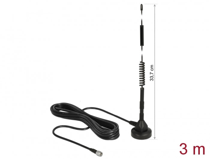 Delock LTE Antenne SMA Stecker 5 dBi 33,7 cm starr omnidirektional mit magnetischem Standfuß und Anschlusskabel RG-58 3 m outdoor schwarz