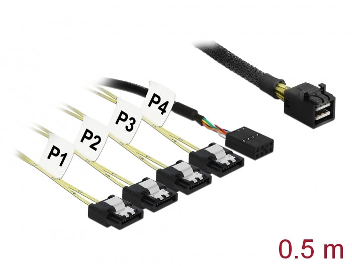 Delock Kabel Mini SAS HD SFF-8643 > 4 x SATA 7 Pin Reverse + Sideband 0,5 m