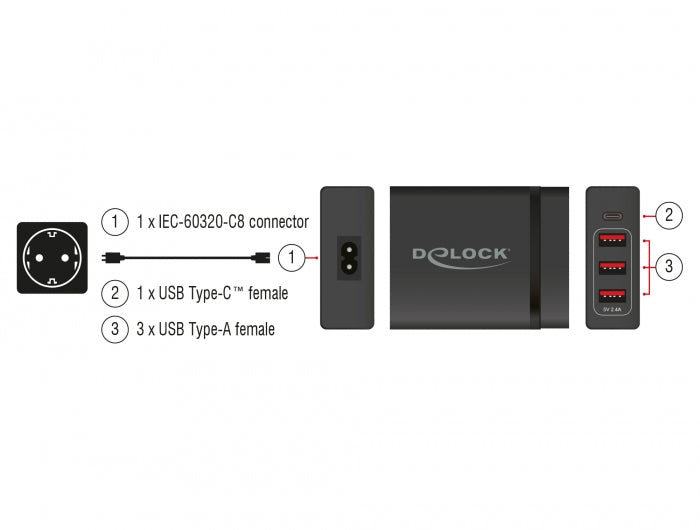 Delock USB Ladegerät 1 x USB Type-C™ PD 3.0 + 3 x USB Typ-A 60 W + 12 W