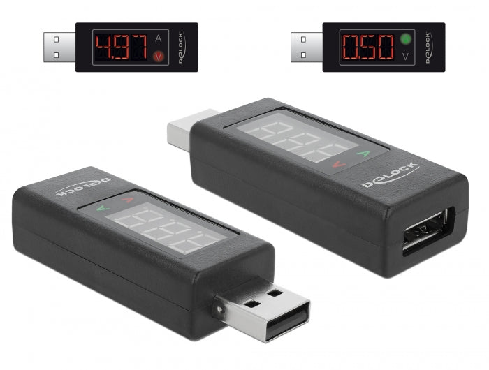 Delock Adapter USB 2.0 A Stecker > A Buchse mit LED Anzeige für Volt und Ampere