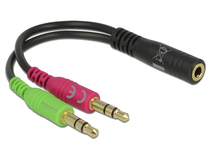 Delock Headset Adapter 1 x 3,5 mm 4 Pin Klinkenbuchse > 2 x 3,5 mm 3 Pin Klinkenstecker (CTIA Pinbelegung)