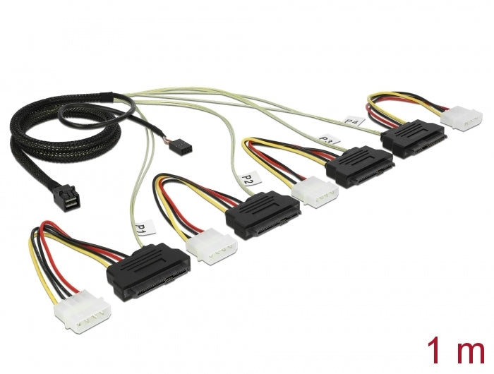 Delock Kabel Mini SAS HD SFF-8643 > 4 x SAS SFF-8482 + Power + Sideband 1 m