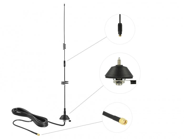 Delock LTE Antenne SMA Stecker 5 - 7 dBi omnidirektional starr mit Montagefuß und Anschlusskabel RG-58 3 m outdoor schwarz