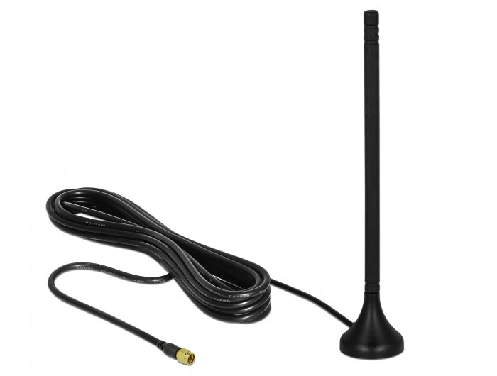 Delock LTE Antenne SMA Stecker 3 - 5 dBi 12,5 cm starr omnidirektional mit magnetischem Standfuß und Anschlusskabel RG-174 A/U 3 m outdoor schwarz