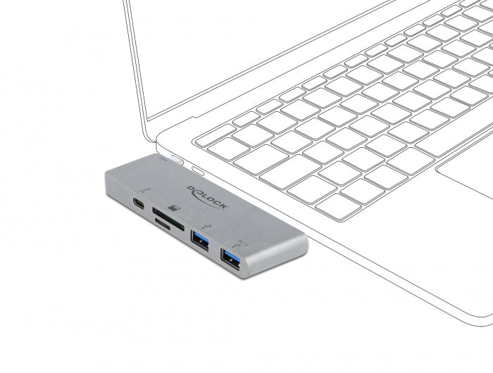 Delock 3 Port Hub und 2 Slot Card Reader für MacBook mit PD 3.0 und einschiebbarem USB Type-C™ Anschluss