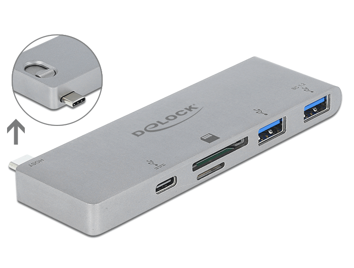 Delock 3 Port Hub und 2 Slot Card Reader für MacBook mit PD 3.0 und einschiebbarem USB Type-C™ Anschluss