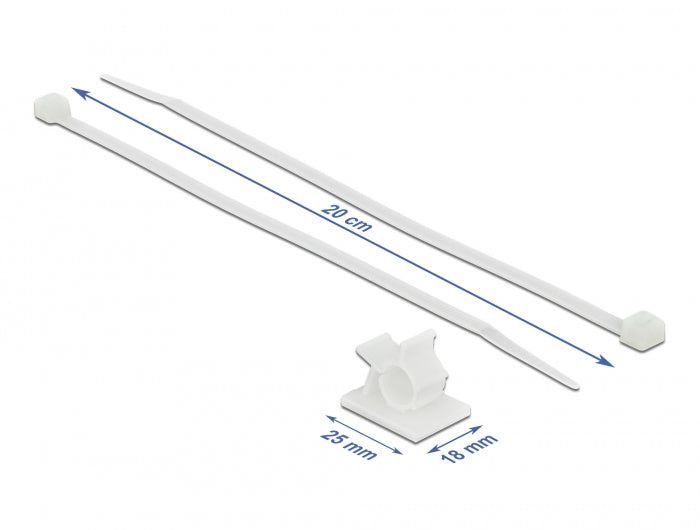 Delock Kabelklemme 25 x 18 mm mit Kabelbinder L 200 x B 3,6 mm weiß