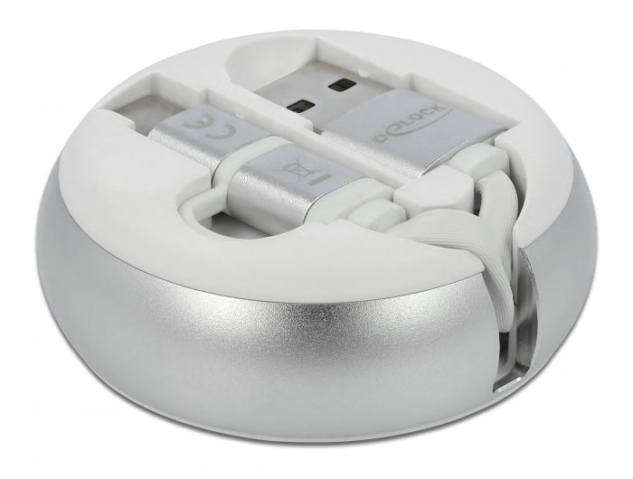 Delock USB 2 in 1 Aufrollkabel Typ-A zu Micro-B und USB-C™ weiß / silber