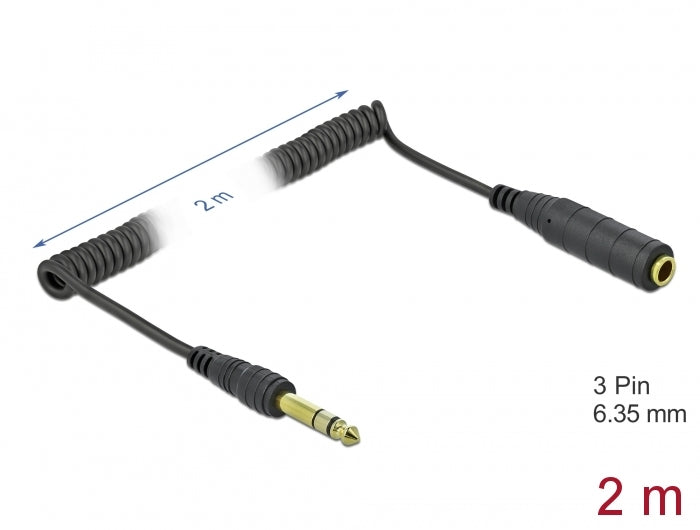 Delock Spiralkabel Verlängerung 6,35 mm 3 Pin Klinkenstecker zu Klinkenbuchse 2 m schwarz
