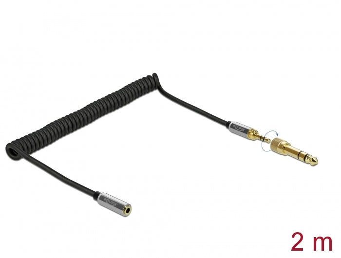 Delock Spiralkabel Verlängerung 3,5 mm 3 Pin Klinkenstecker zu Klinkenbuchse mit 6,35 mm Schraubadapter 2 m