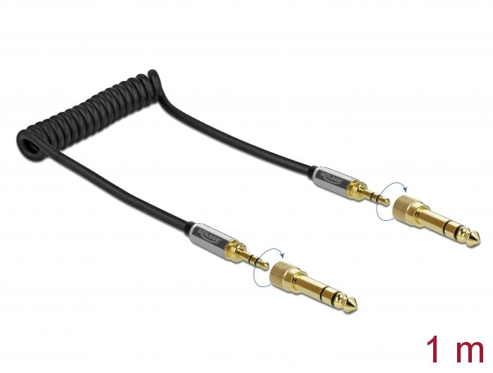 Delock Spiralkabel 3,5 mm 3 Pin Klinkenstecker zu Klinkenstecker mit Schraubadapter 1 m