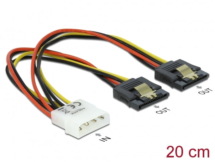 Delock Kabel Power Molex 4 Pin Stecker > 2 x SATA 15 Pin Buchse Metall 20 cm