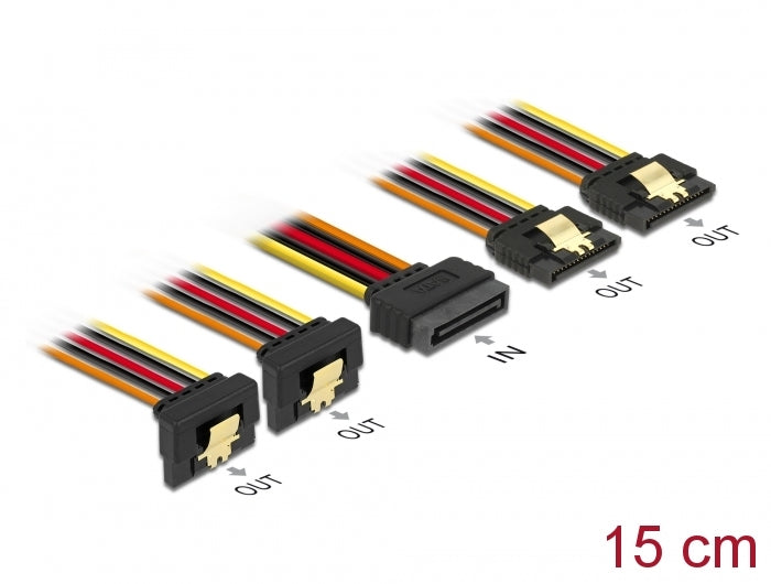 Delock Kabel SATA 15 Pin Strom Stecker mit Einrastfunktion > SATA 15 Pin Strom Buchse 2 x gerade / 2 x unten 15 cm