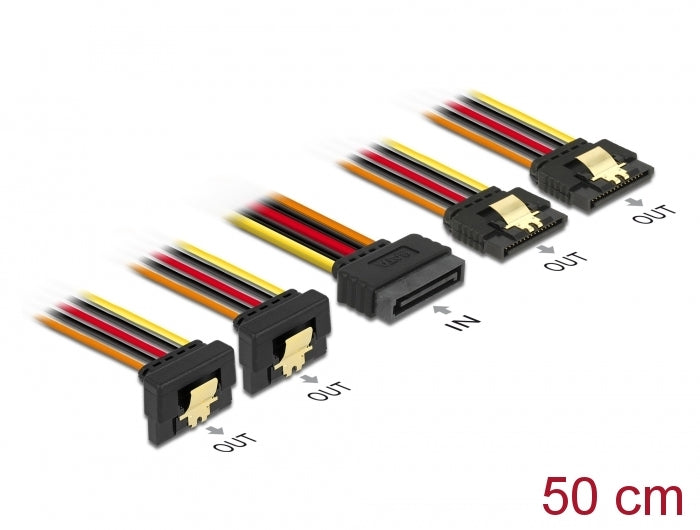 Delock Kabel SATA 15 Pin Strom Stecker mit Einrastfunktion > SATA 15 Pin Strom Buchse 2 x gerade / 2 x unten 50 cm