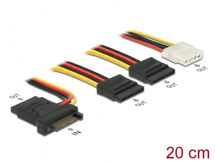 Delock Stromkabel SATA 15 Pin Stecker > 3 x SATA Buchse + 1 x Molex 4 Pin Buchse 20 cm (PCB)