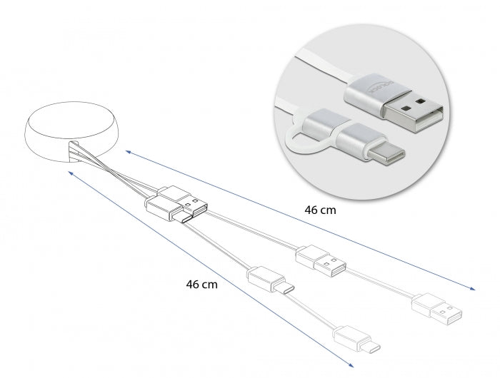 Delock USB 2 in 1 Aufrollkabel Typ-A zu Micro-B und USB-C™ weiß / silber