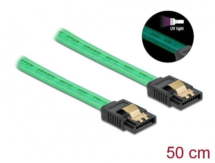 Delock SATA 6 Gb/s Kabel UV Leuchteffekt grün 50 cm
