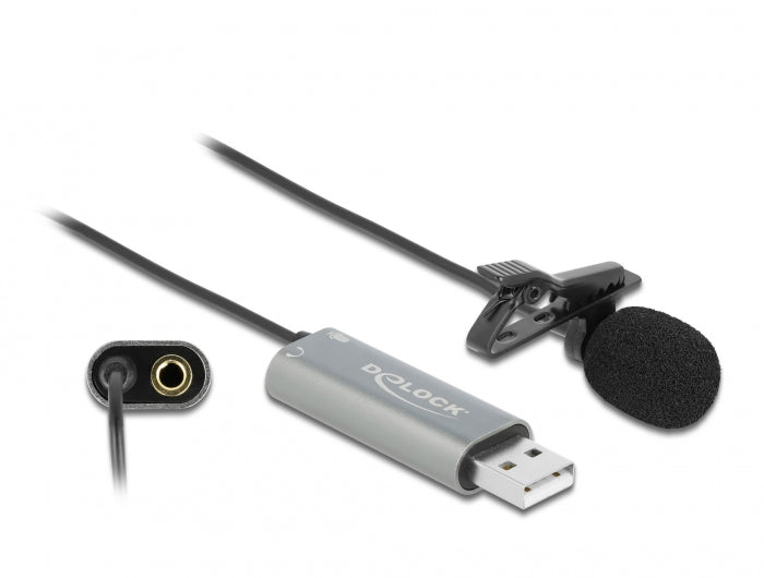 Delock USB Krawatten Lavalier Mikrofon Omnidirektional 24 Bit / 192 kHz mit Clip und 3,5 mm Stereoklinken-Kopfhöreranschluss